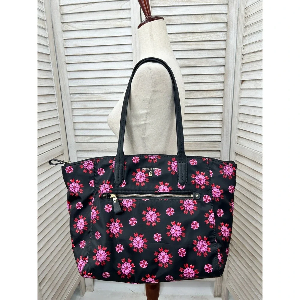 Michael Kors Nylon Kelsey Tote Bag Black & Pink Gem Floral Laptop Bag Work Purse
